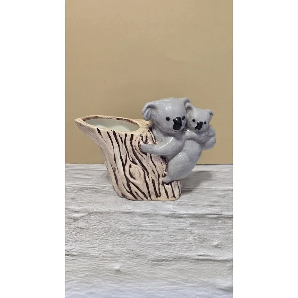 Ceramic Koala Mom And Baby Planter Grey And Brown Vintage Very Unique